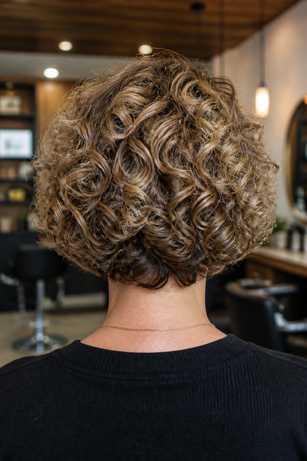 Back view of a woman's stacked curly bob, showing volume at the crown and rounded back