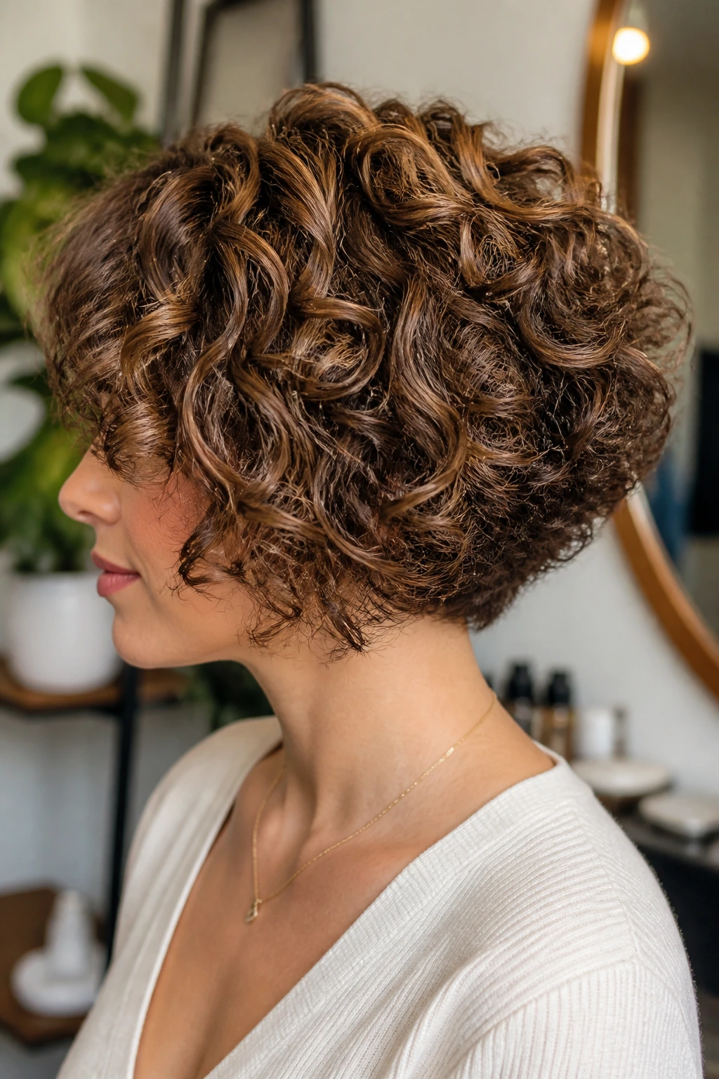 Stacked curly bob close-up showing crown lift.