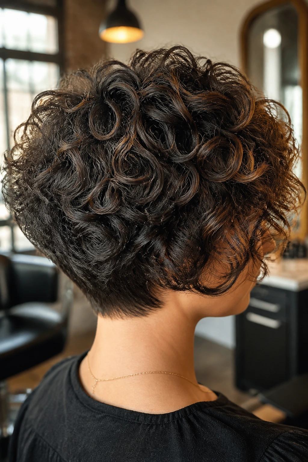 Portrait of a real person with a stacked curly haircut showing nape weight and crown lift