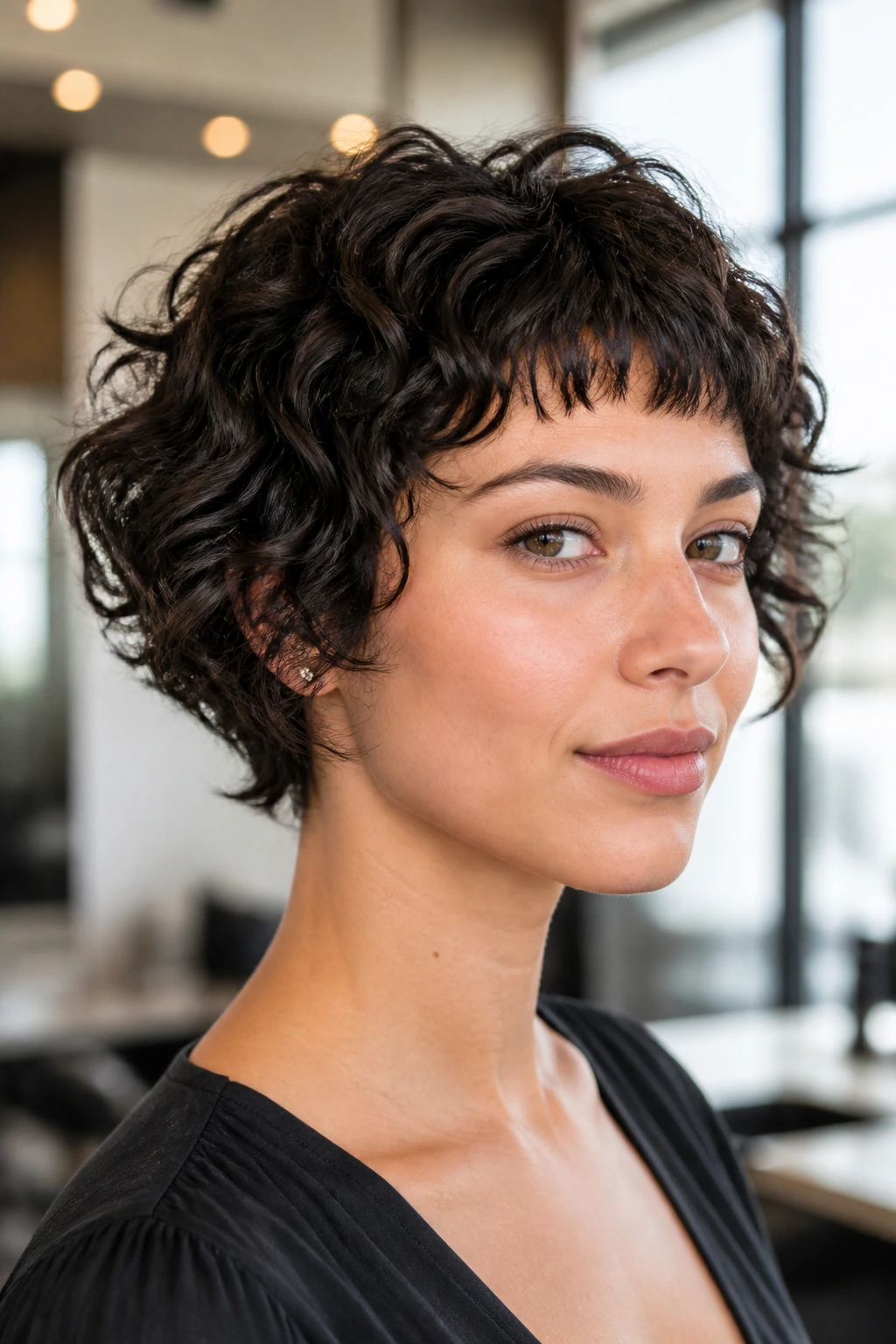 Real person with stacked back and micro fringe hairstyle