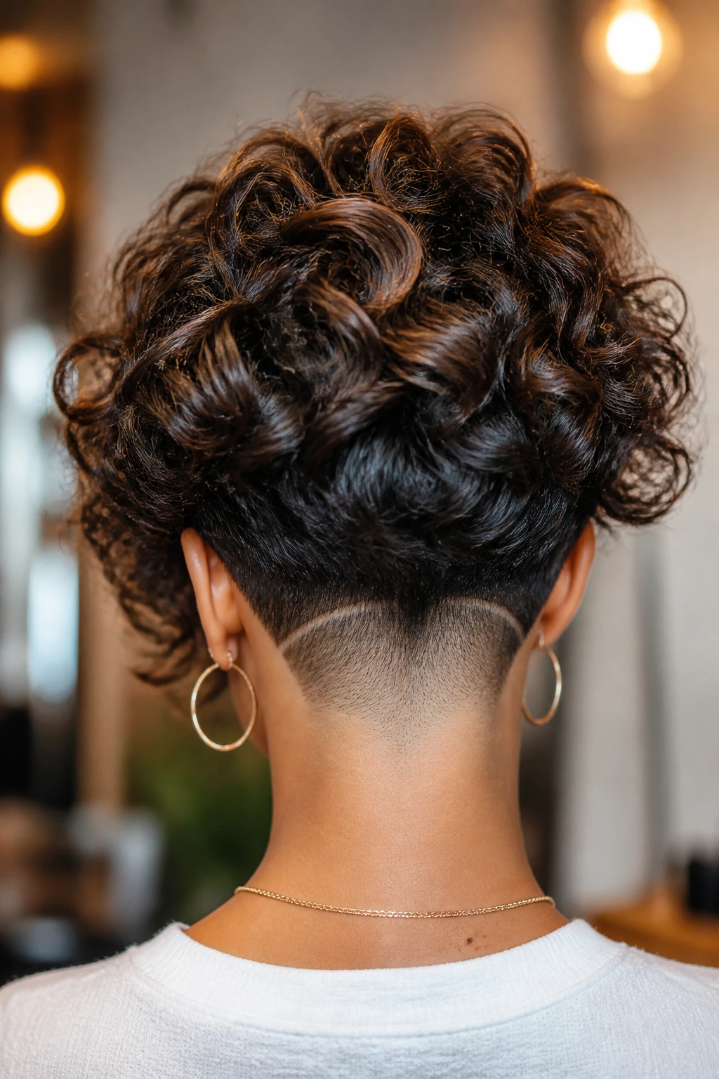 Back view of a stacked cut with shaved nape accent