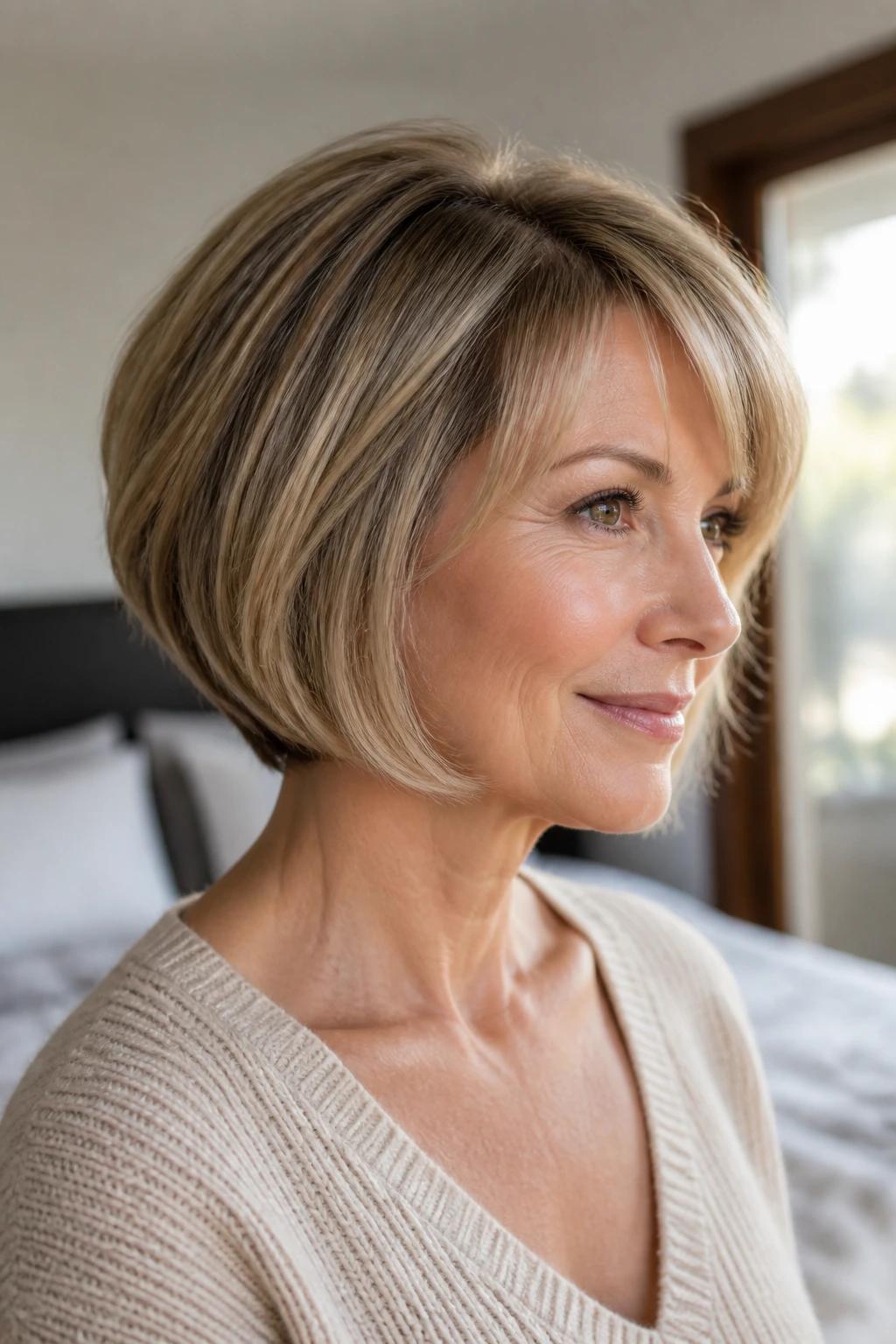 Close-up of a real woman with stacked feathered bob for fine hair