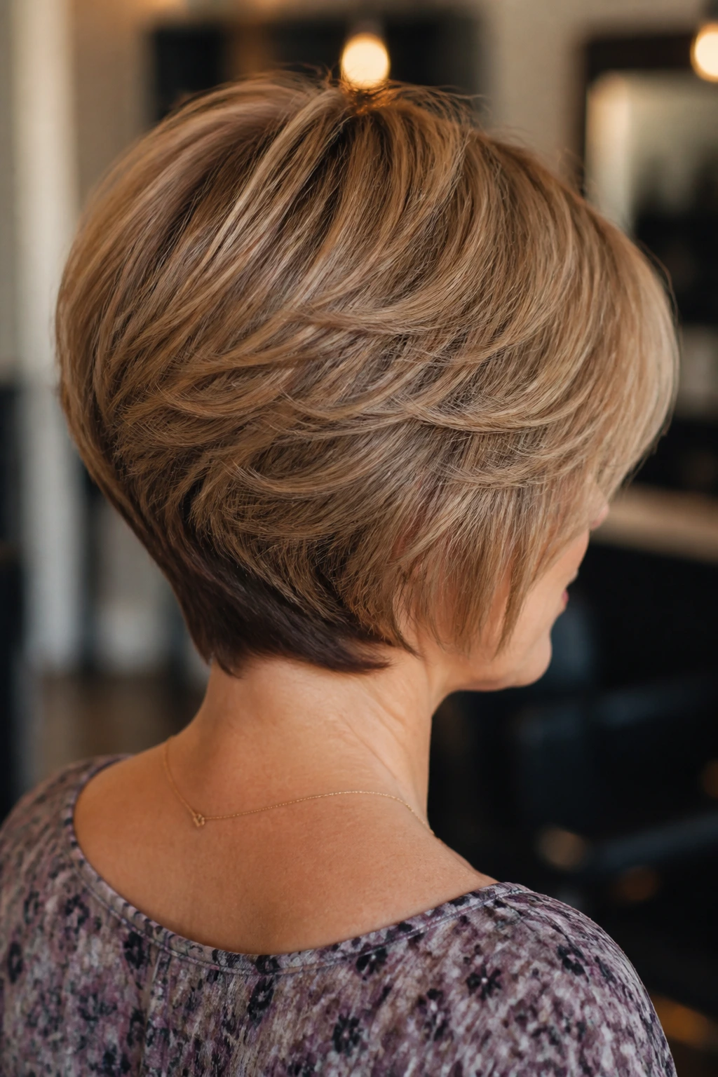 Three-quarter rear view of a real woman showing stacked feathered bob at the nape.