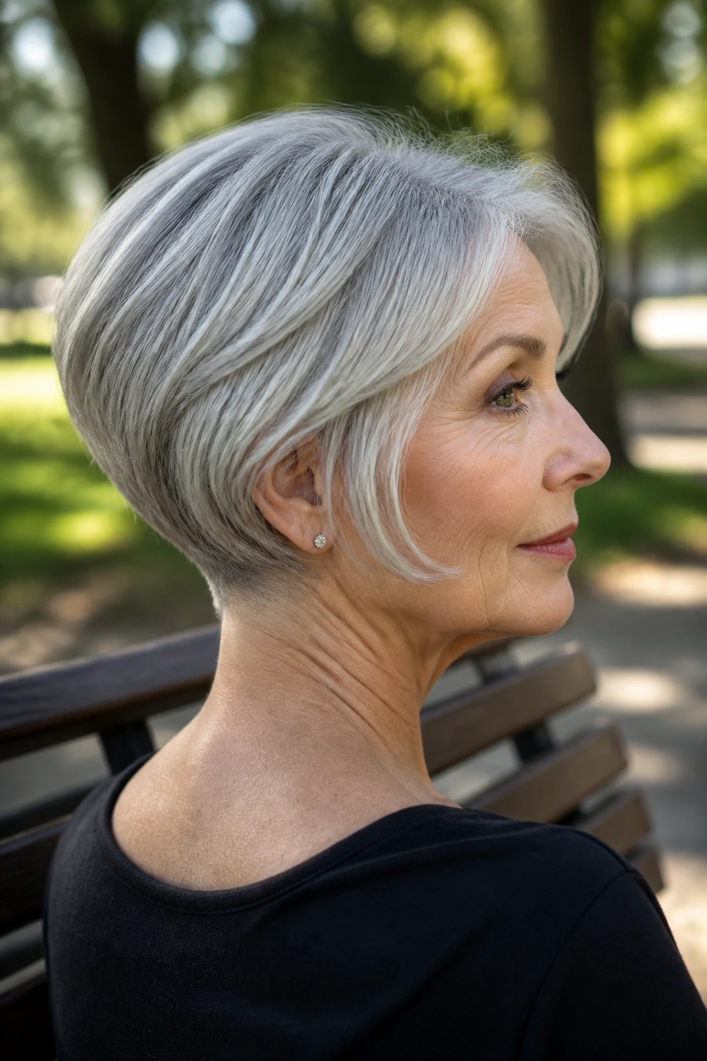 Close-up portrait of a woman with a stacked gray bob and a clean nape