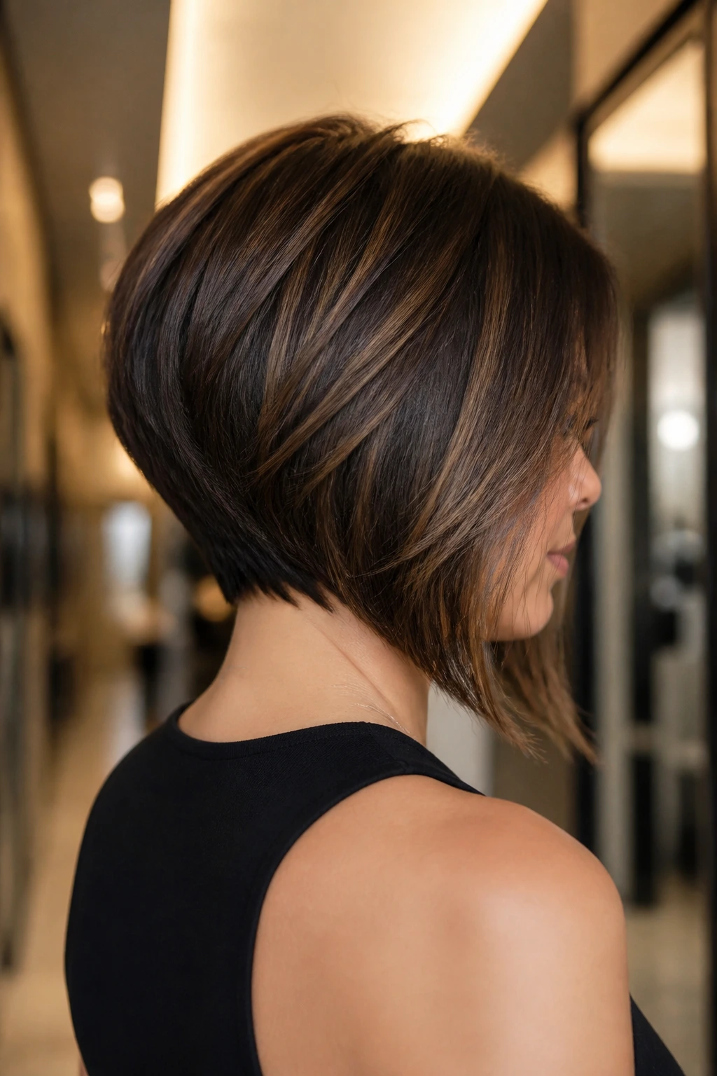 Portrait of a woman with stacked inverted bob showing back stack and forward swing