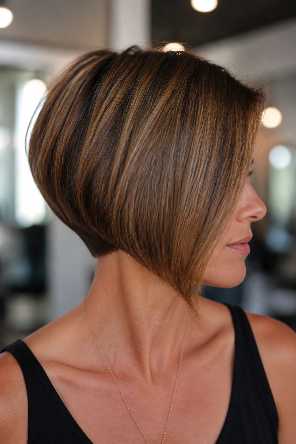 Portrait of a real woman with a stacked inverted bob in a modern salon.