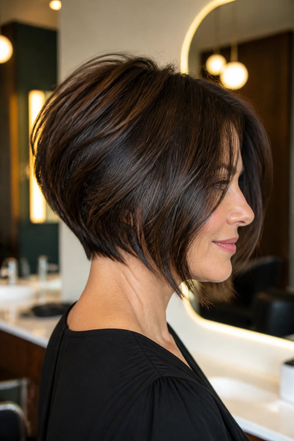 Three-quarter profile of a real woman with stacked layered bob