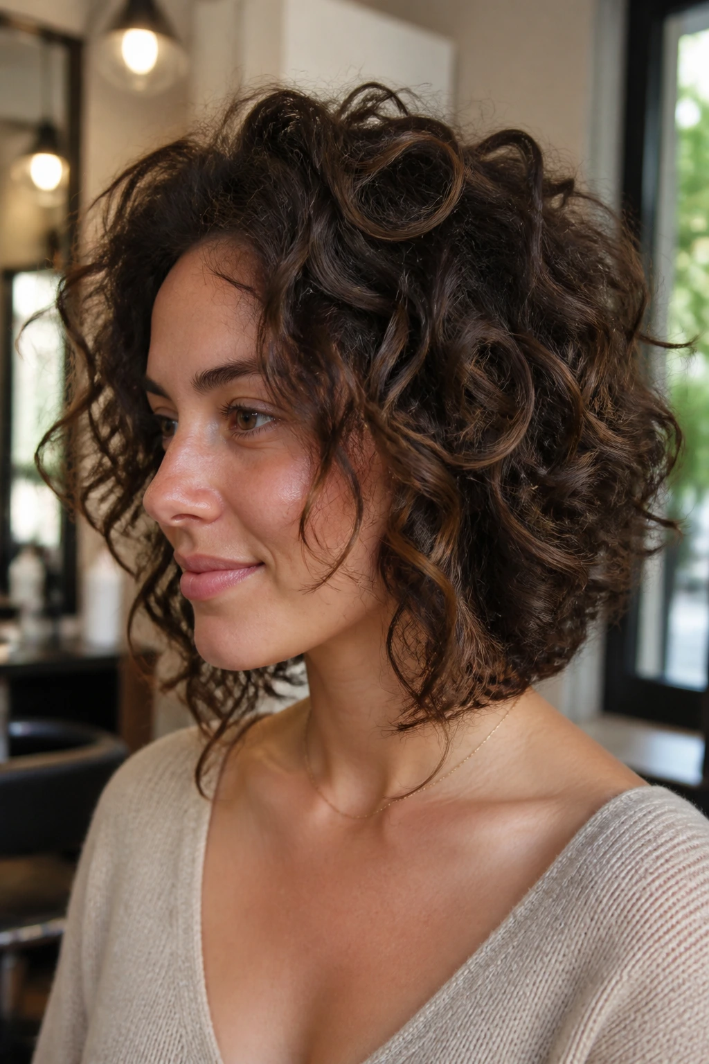 Close-up of a real woman with shoulder-skimming stacked lob and lifted crown curls