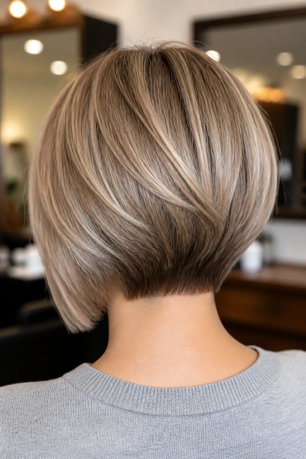 Back view of stacked nape bob highlighting the stack at the nape