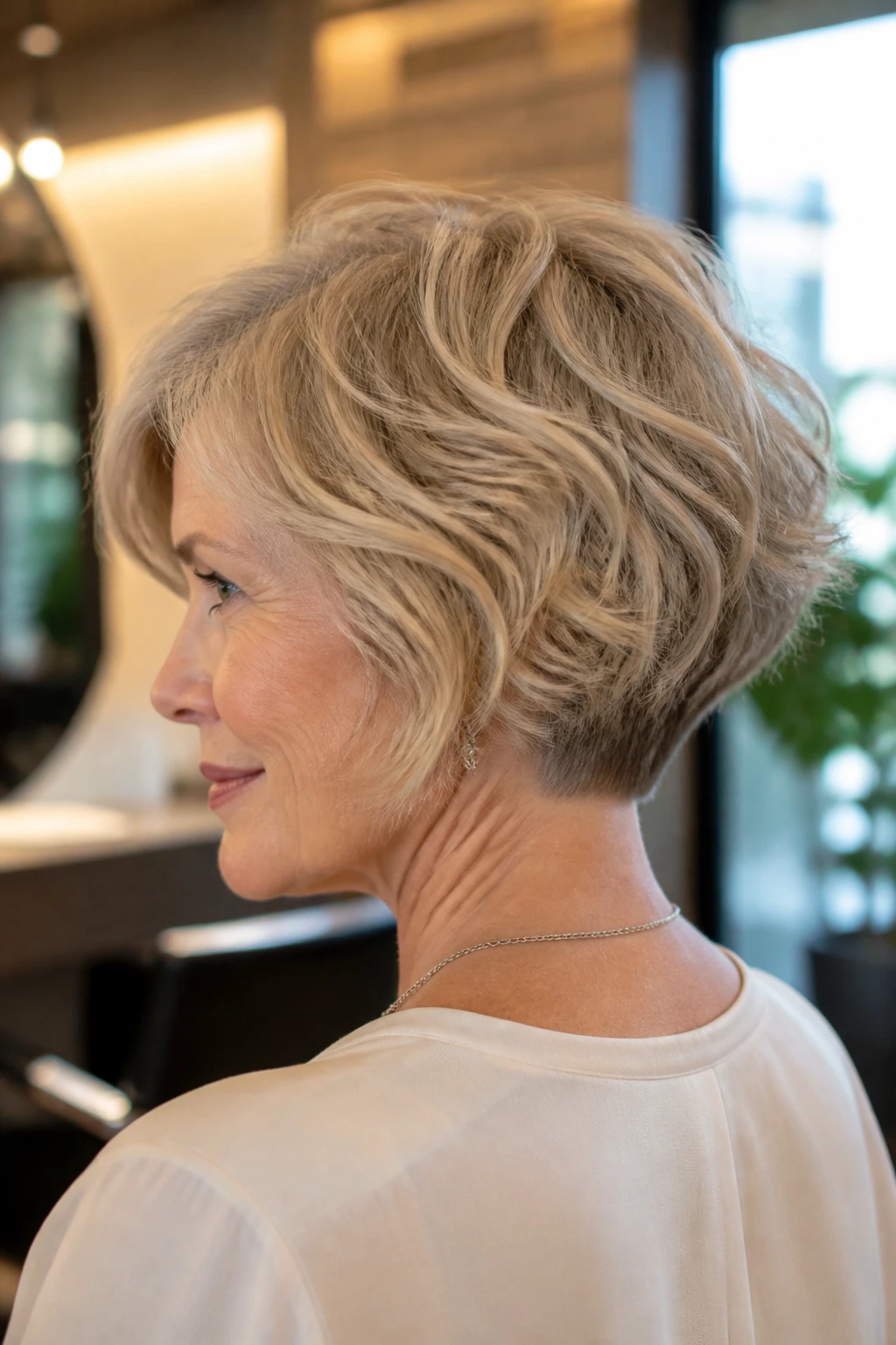Close-up of stacked nape bob on a real woman, back stack and long top with waves.