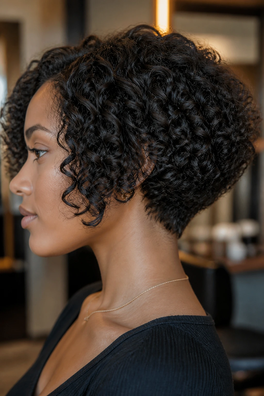 Close-up of a woman with stacked nape bob showing back layers