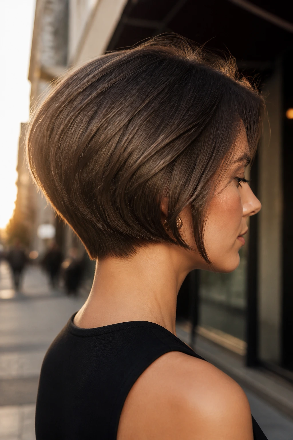 Three-quarter profile of a real woman with a stacked nape bob showing back layers.