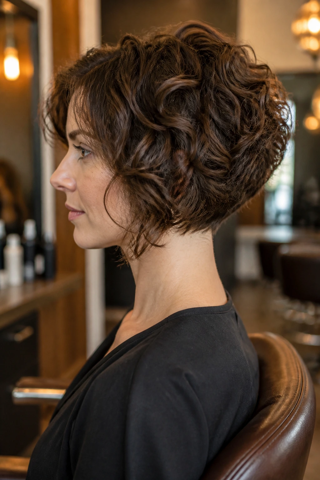 Side profile of a real woman showing the stacked nape bob with a fuller nape and lifted crown.