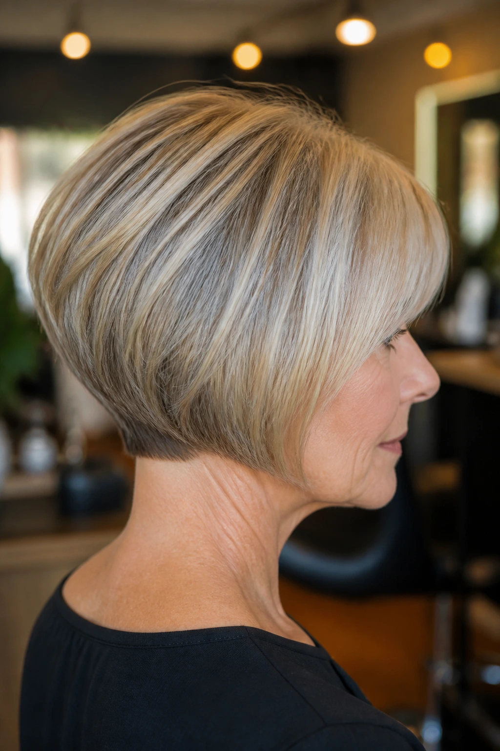 Side-profile portrait of a real woman with stacked nape bob in salon lighting