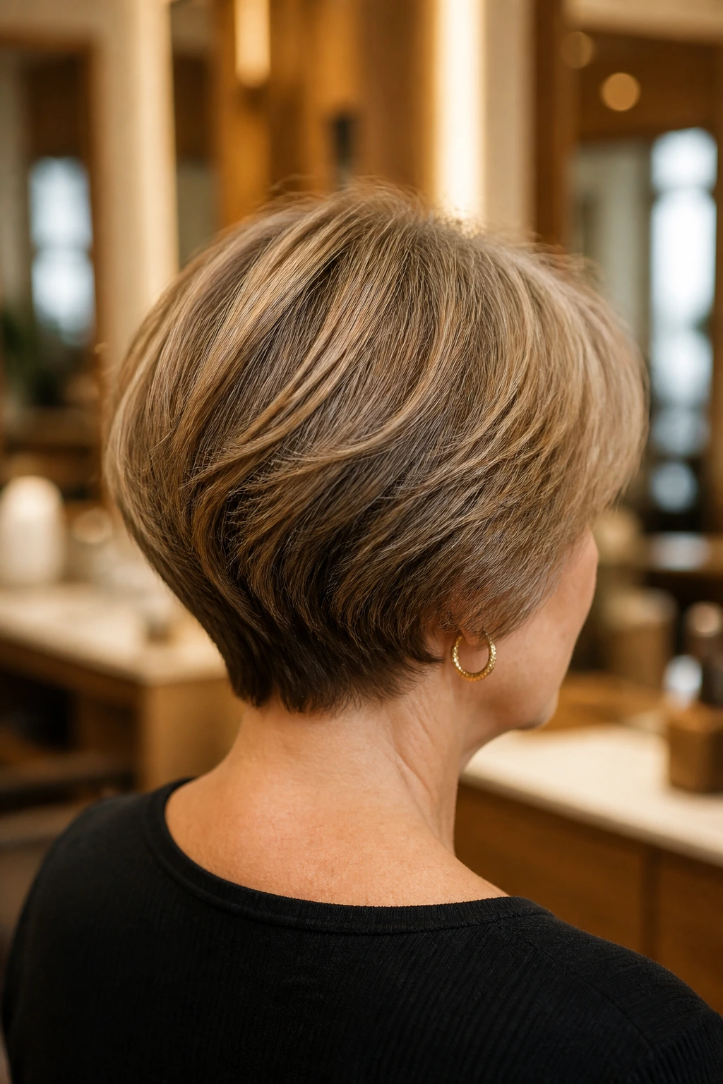 Three-quarter back view of a real woman with stacked nape bob and lift at back