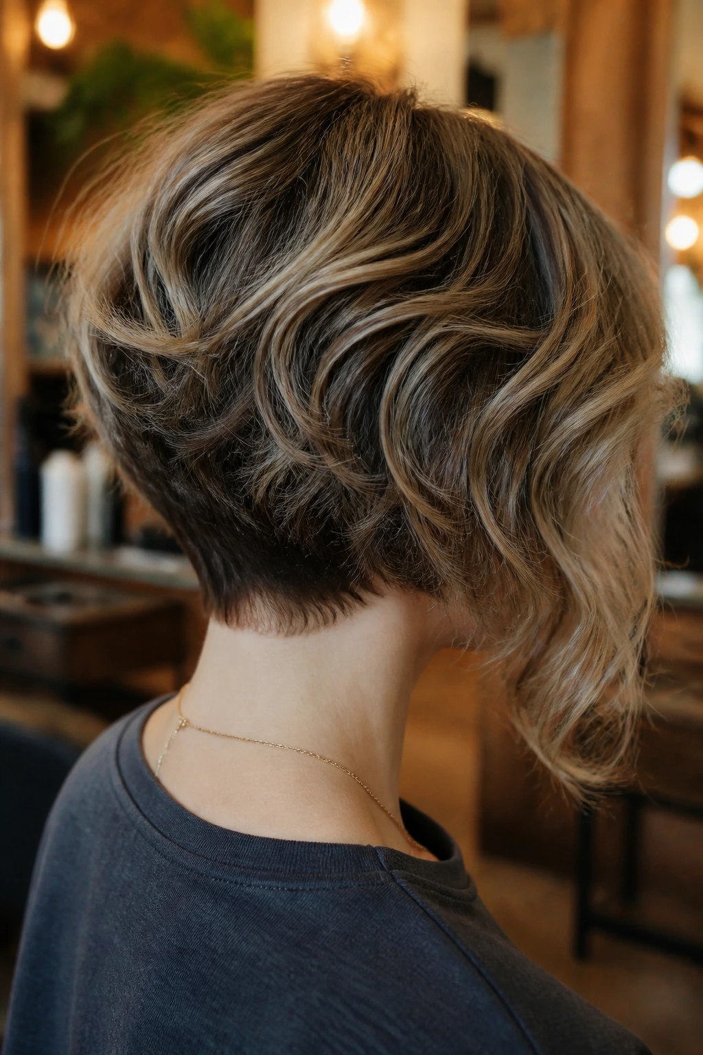Back-of-head portrait showing a stacked nape bob on a real person
