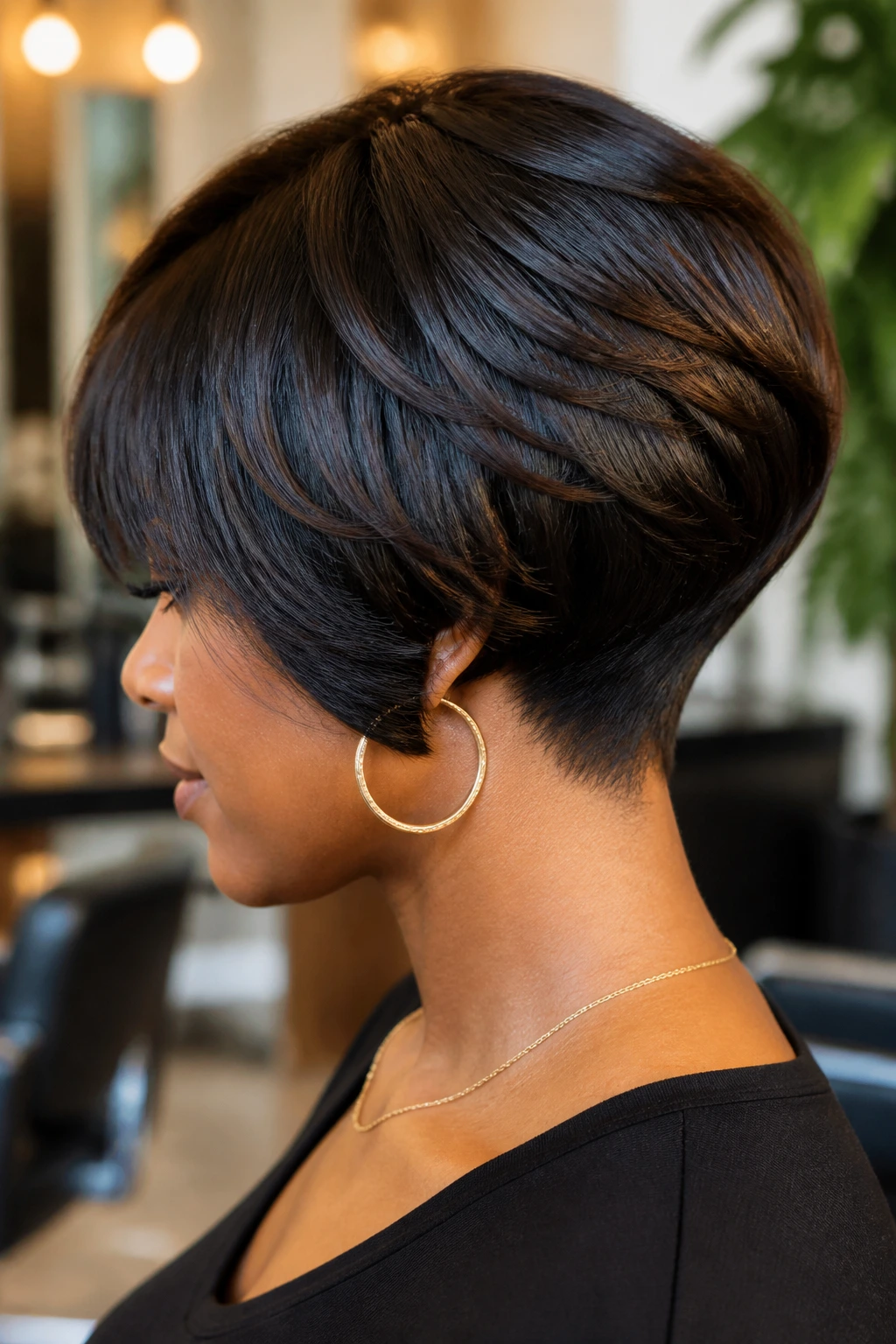 Real woman with stacked nape bob, side profile