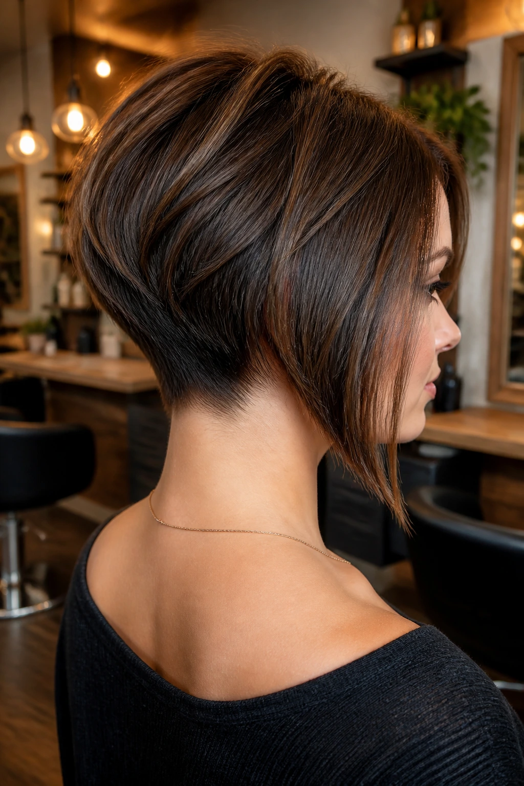 Three-quarter portrait of stacked nape asymmetrical bob show nape stacking