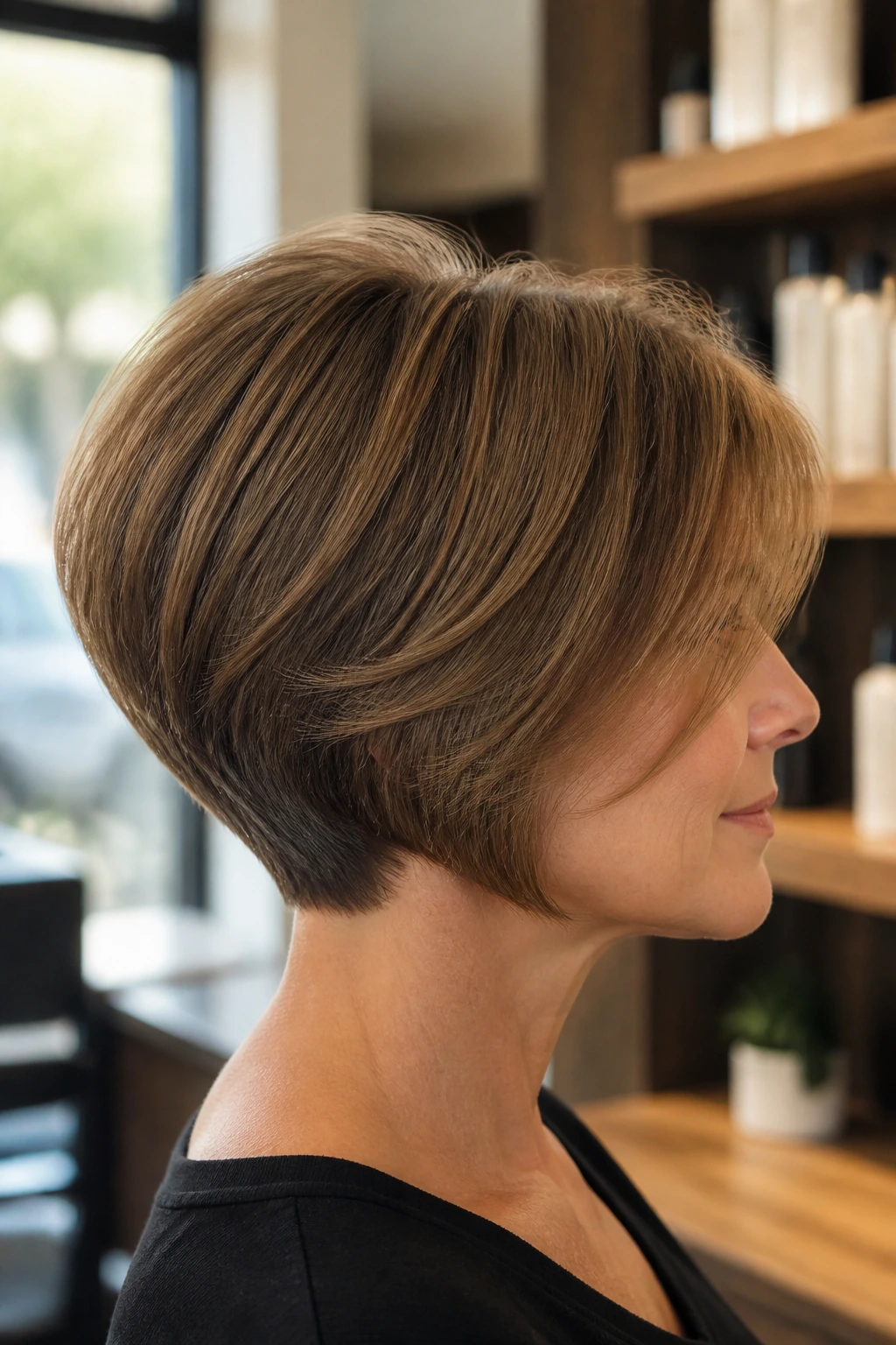 Stacked nape bob close-up with back-nape stacking in a warm salon