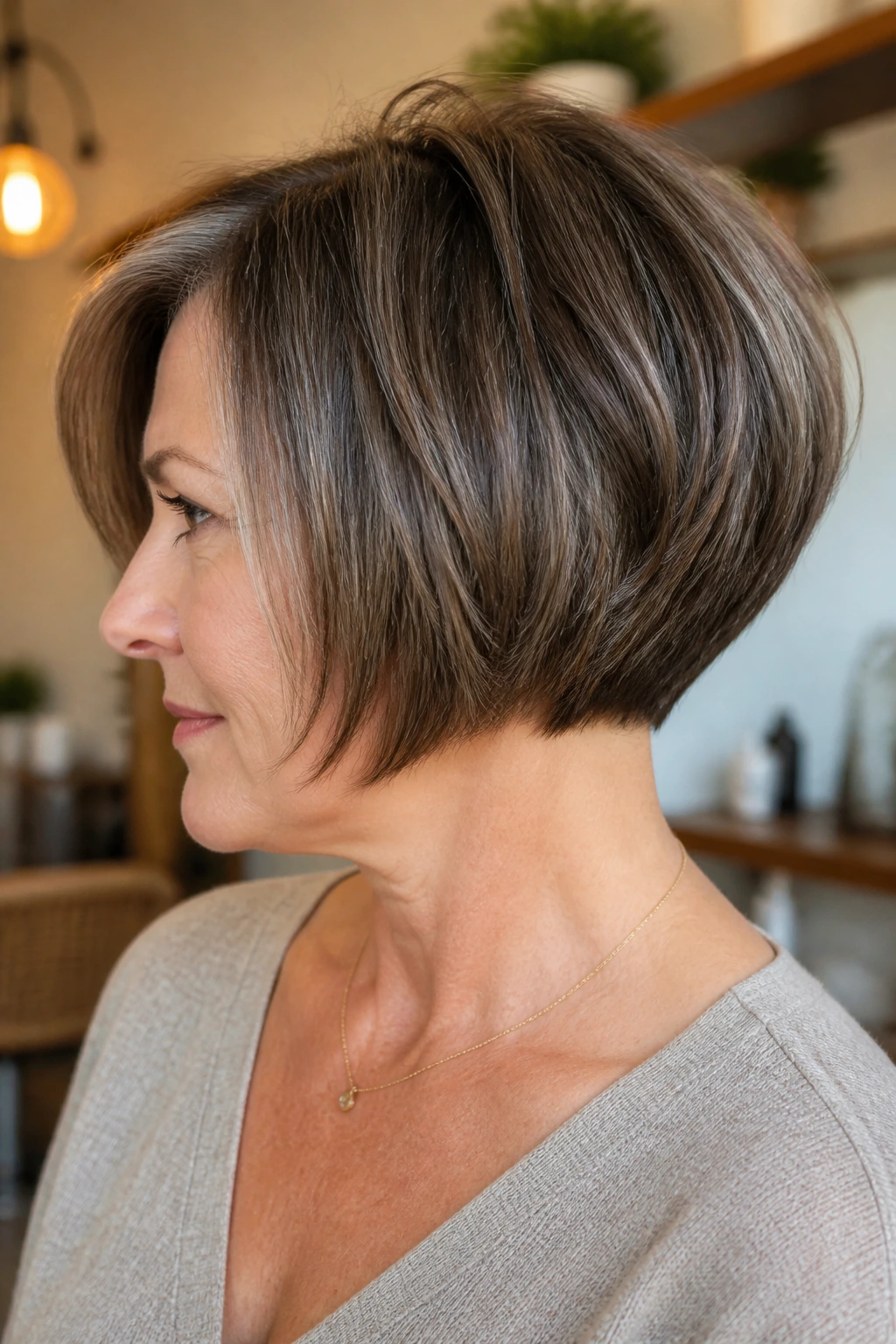 Portrait of woman with stacked nape bob showing back silhouette