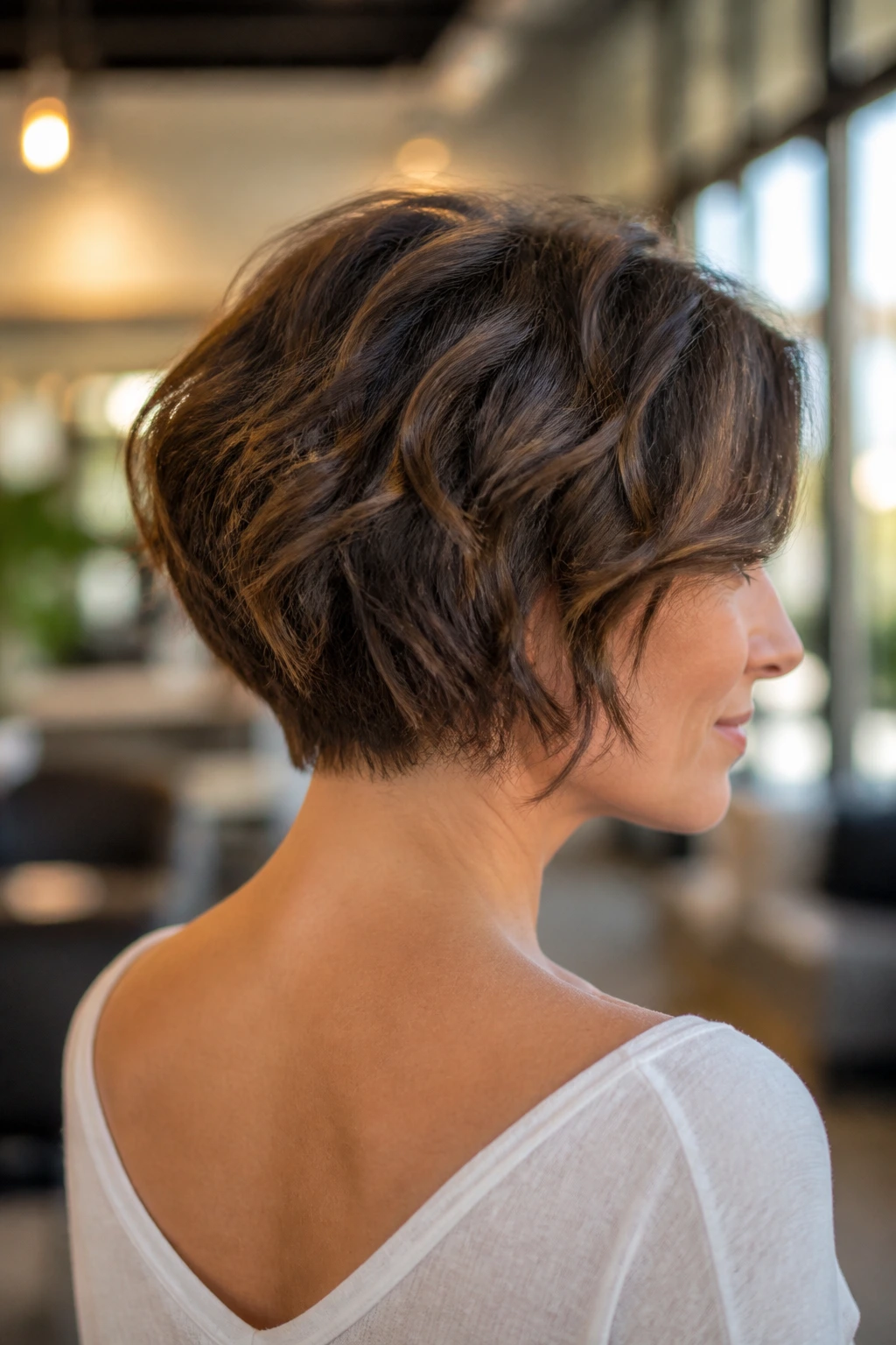 Close-up of stacked nape bob with waves on top, real person in a salon with warm natural light