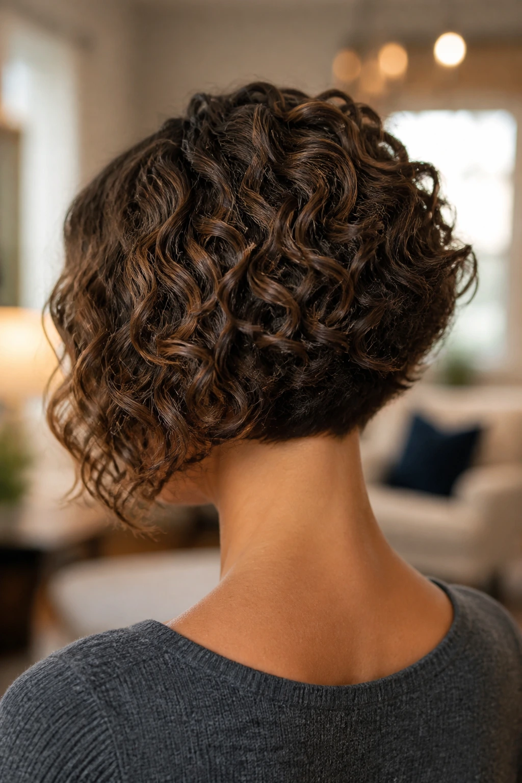 Back view of a real woman showing stacked nape curly bob.