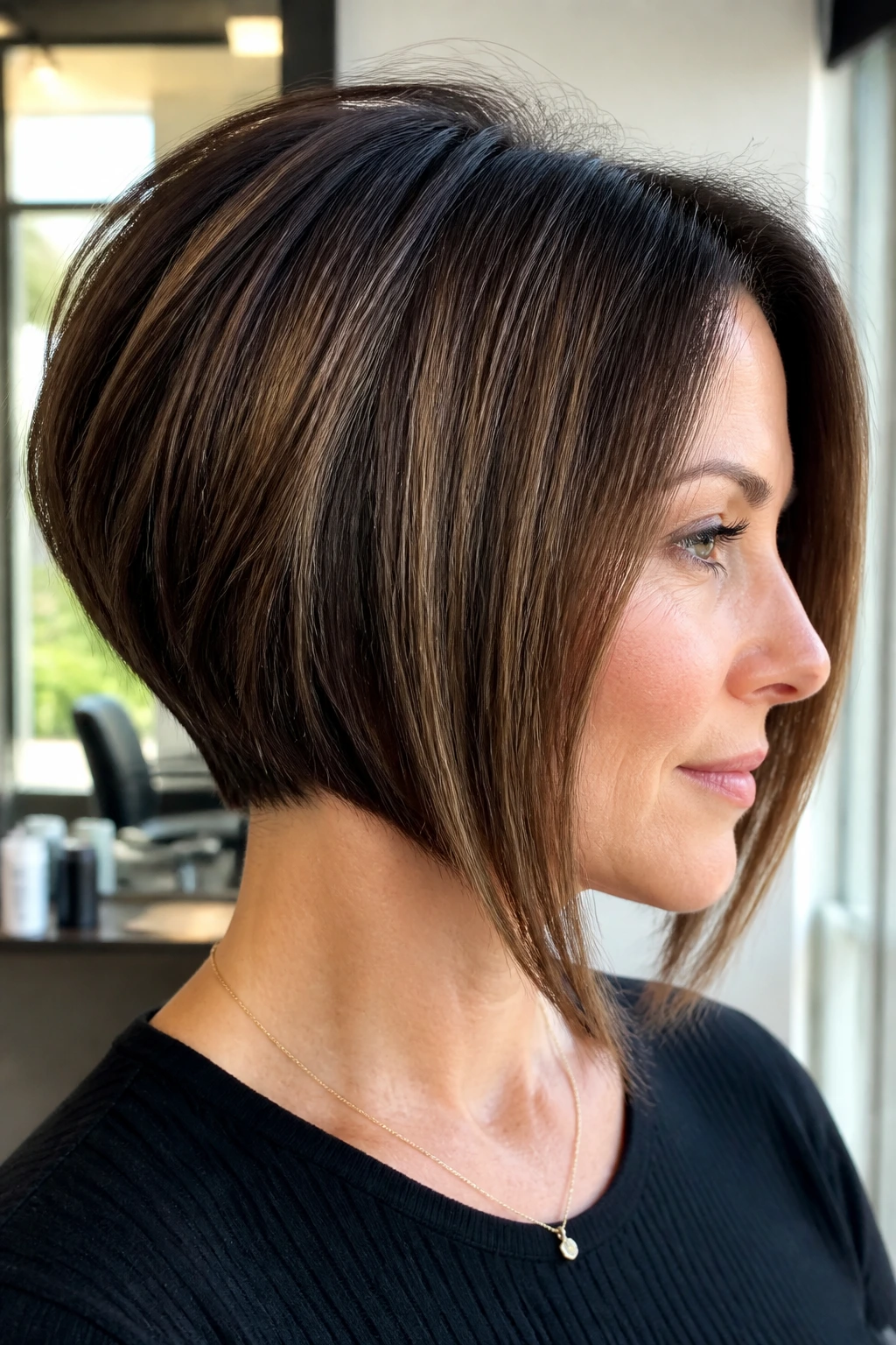 Close-up of a real woman with a stacked nape inverted bob showing lifted crown and tight nape