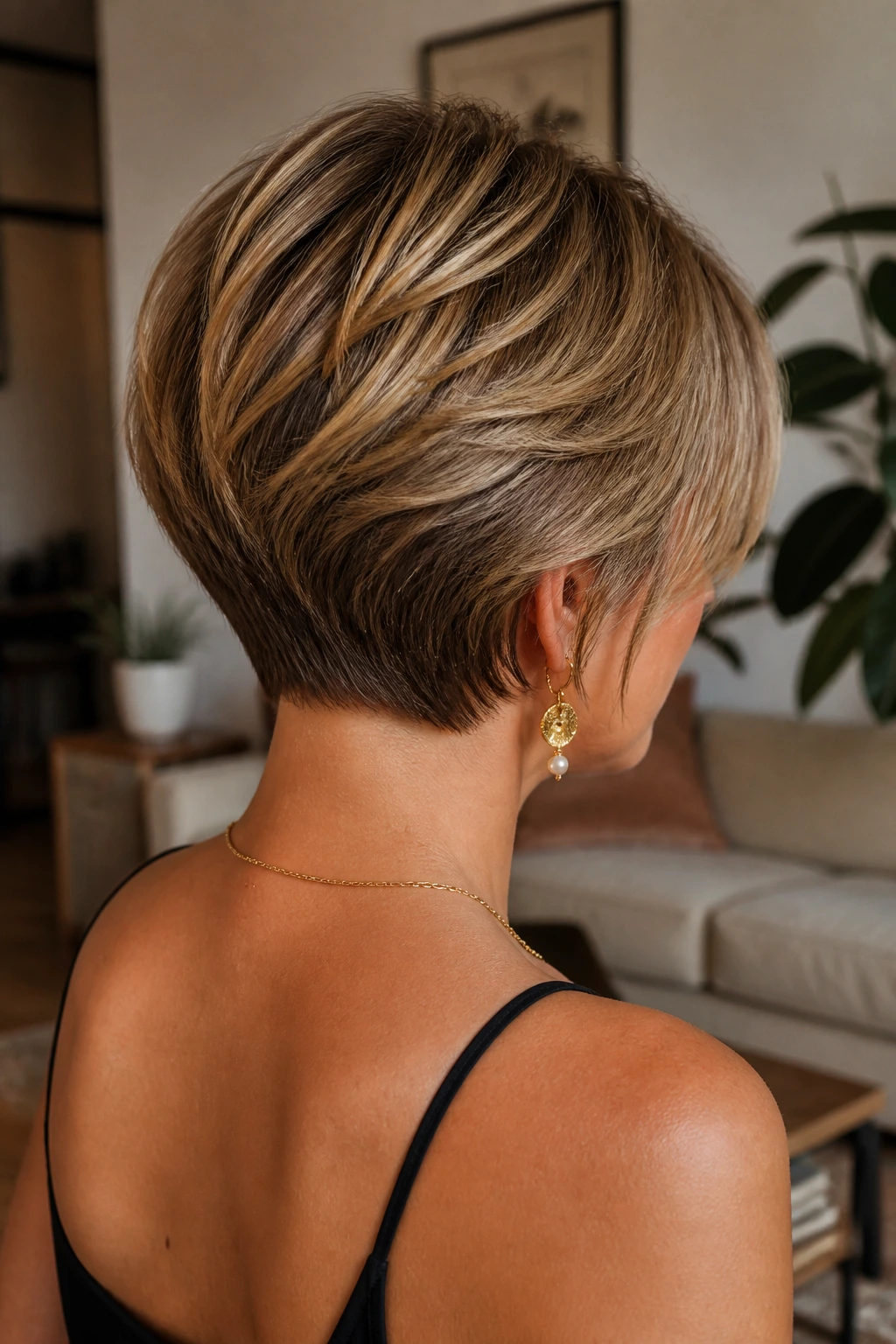 Rear three-quarter portrait of a real woman with Stacked Nape Pixie Bob showing stacked nape.