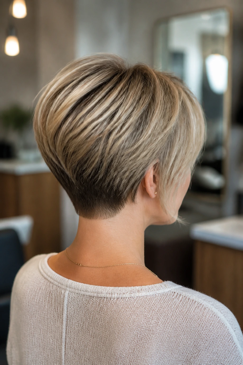 Back-of-head view of a real person with stacked-nape pixie bob in a modern salon