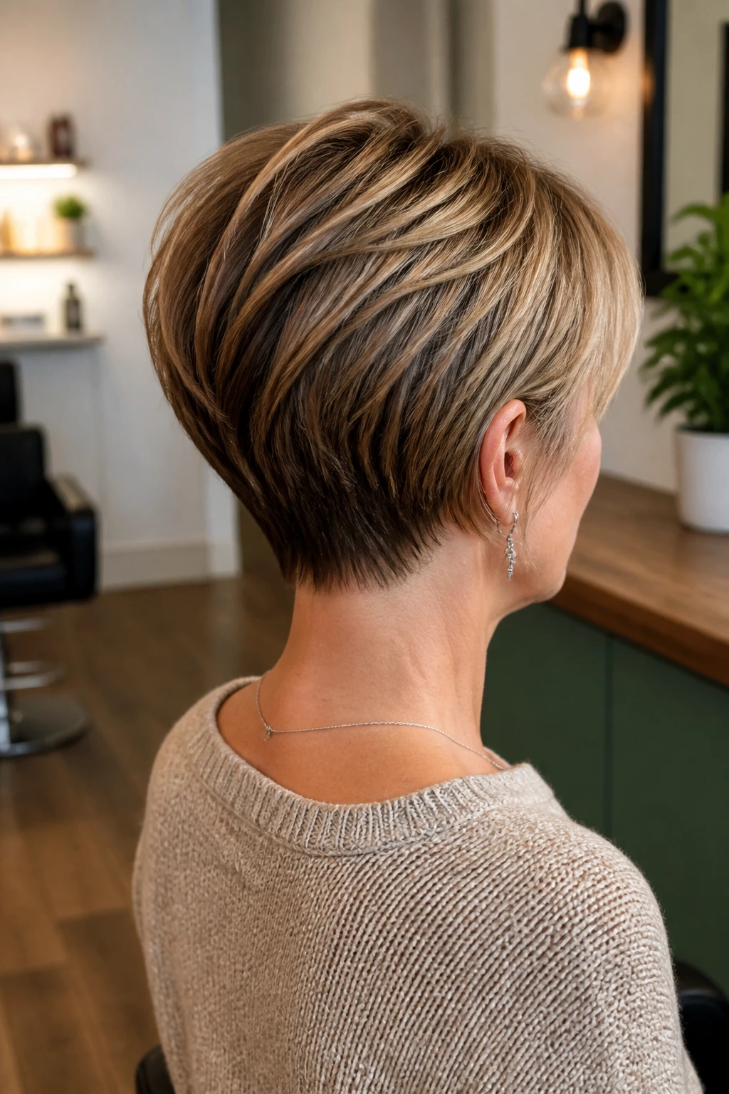 Rear three-quarter portrait of a woman with stacked nape pixie bob in a salon