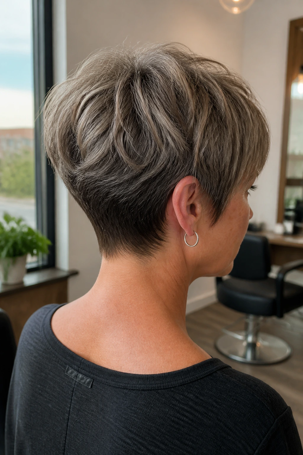Rear three-quarter view of a real person with a stacked nape pixie lifting the back in a salon.