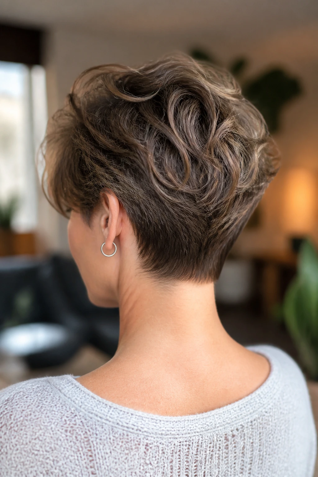 Three-quarter rear portrait of stacked nape pixie on real person