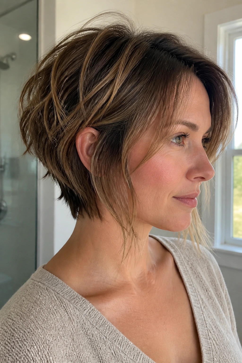 Close-up of a real woman with a stacked nape wolf bob