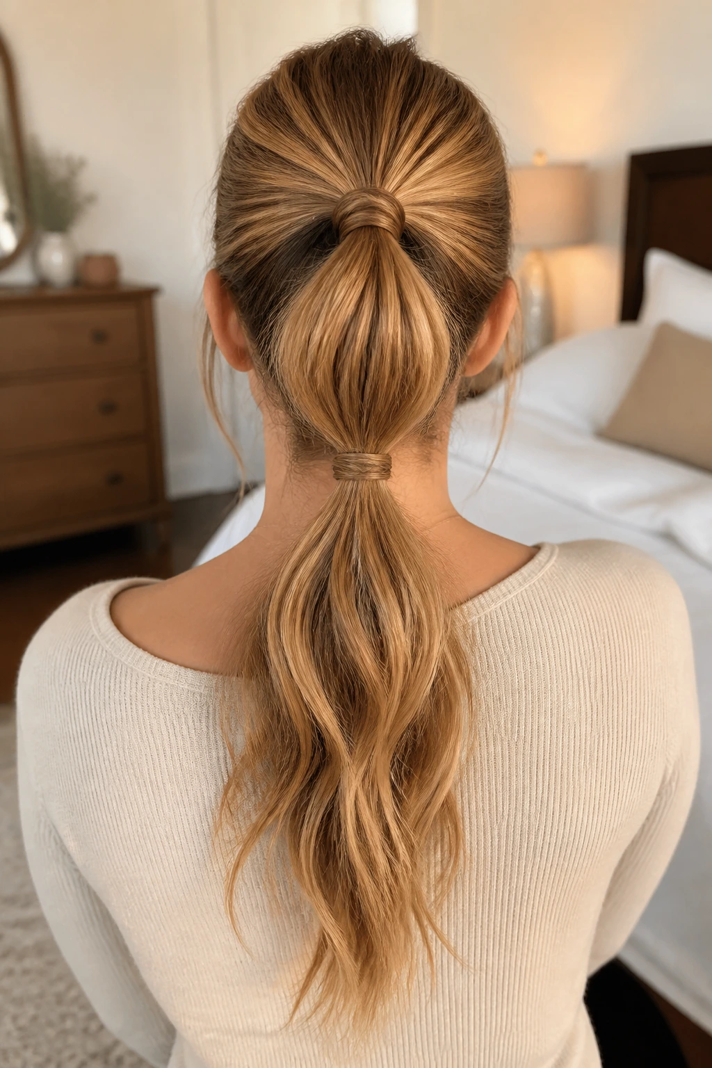 Back view of a real woman with stacked ponytails creating a longer look