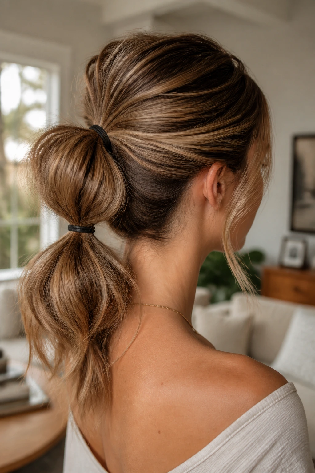 Close-up of a person showing two stacked ponytails from behind