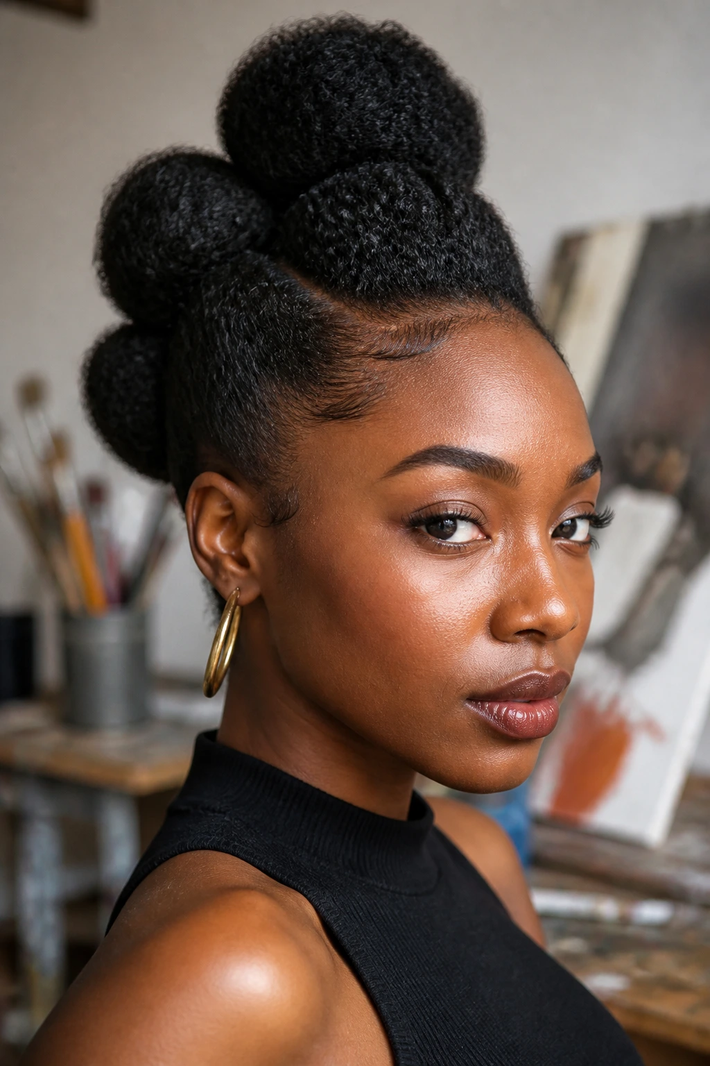 Stacked puff frohawk with multiple puffs along the crown on a real woman.