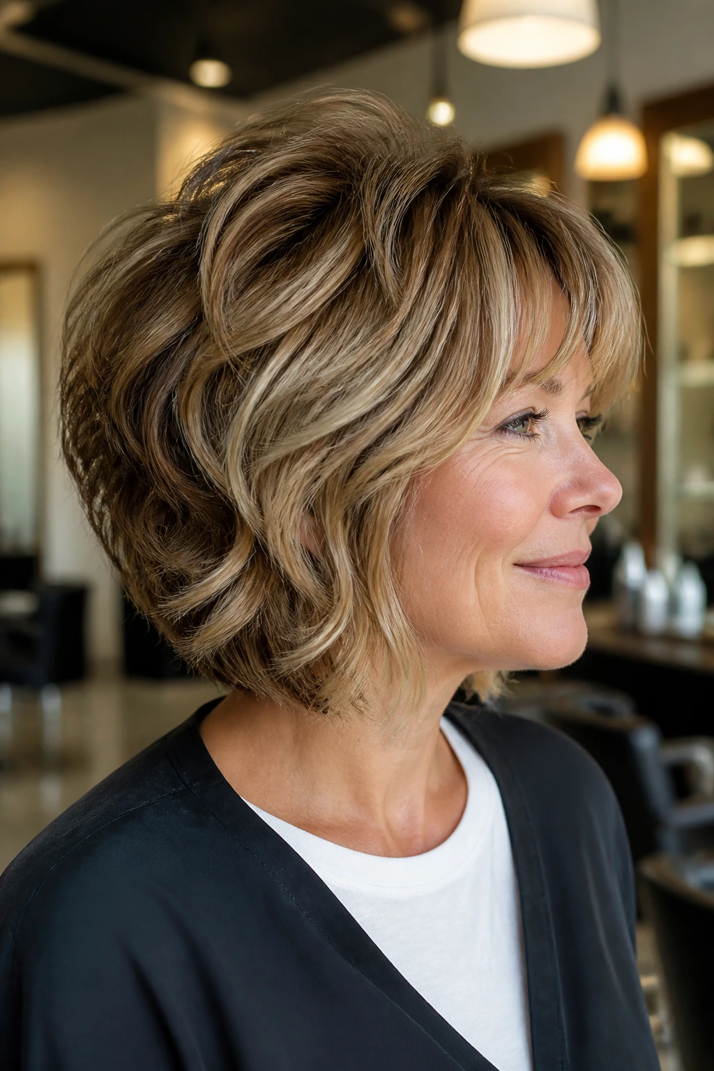 Portrait of a real woman with a stacked shag bob showing lift and layered crown.