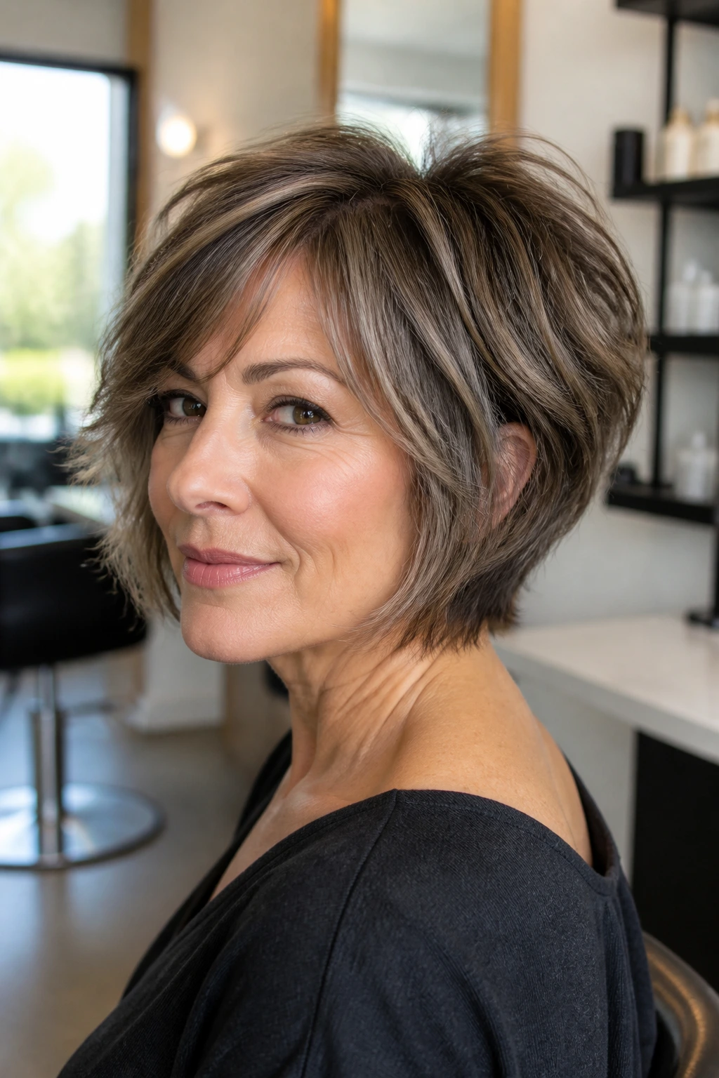 Portrait of a real woman with stacked shag bob and back lift.
