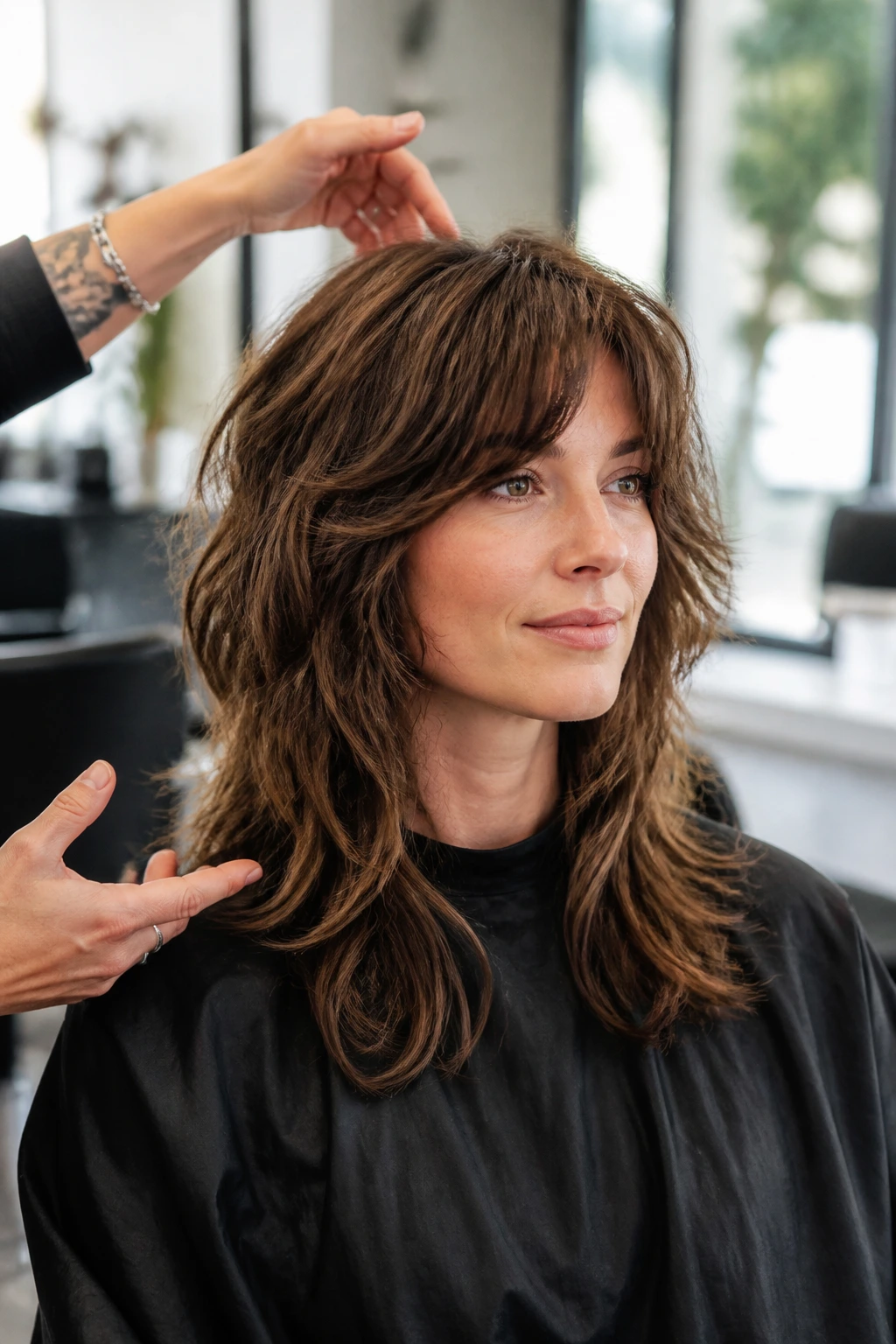 Client in salon consultation about stacked shag haircut