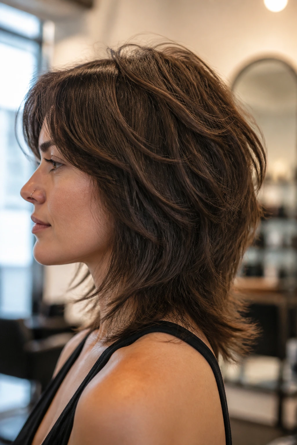 Close-up of a real person with a stacked shag haircut, highlighting the shape that holds in thick hair