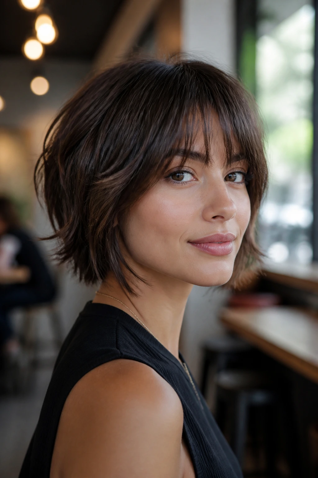 Close-up of a real woman with stacked shaggy bob and airy bangs in cafe setting.