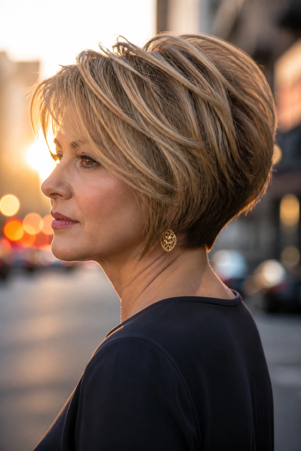 Close-up portrait of a woman with a stacked wedge bob hairstyle