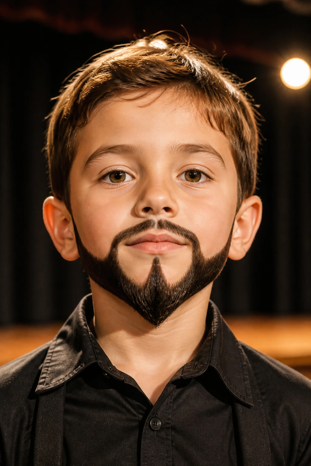 Close-up portrait of a boy wearing a bold stage-light beard under a theater spotlight