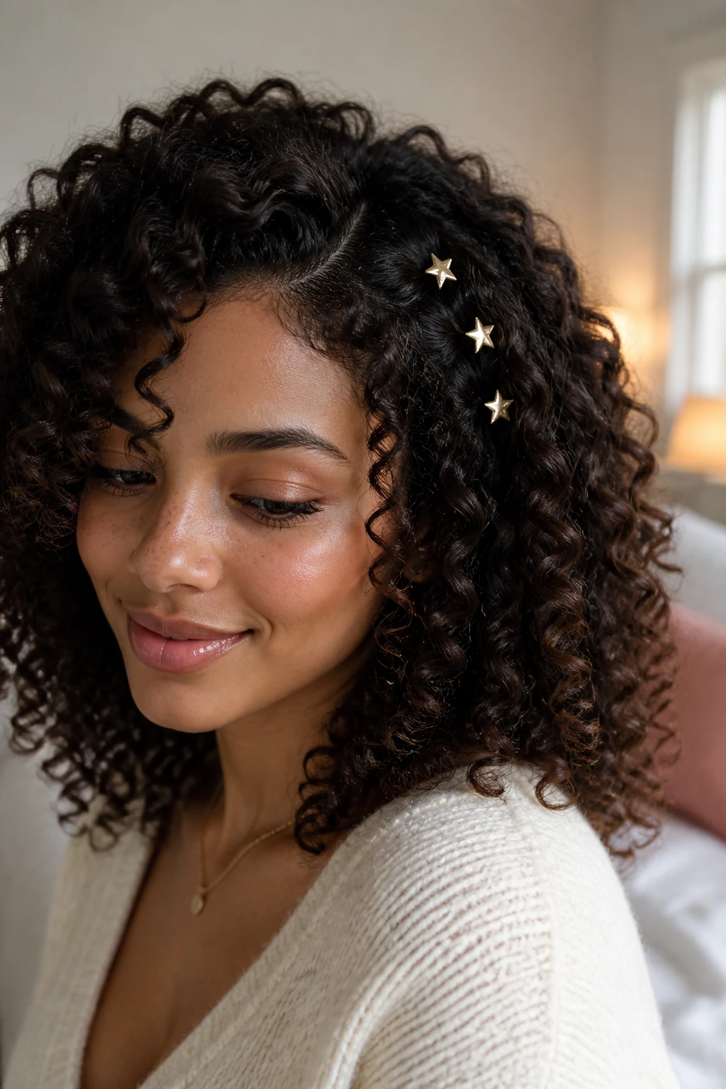 Close-up of defined curls with tiny star pins on one arc