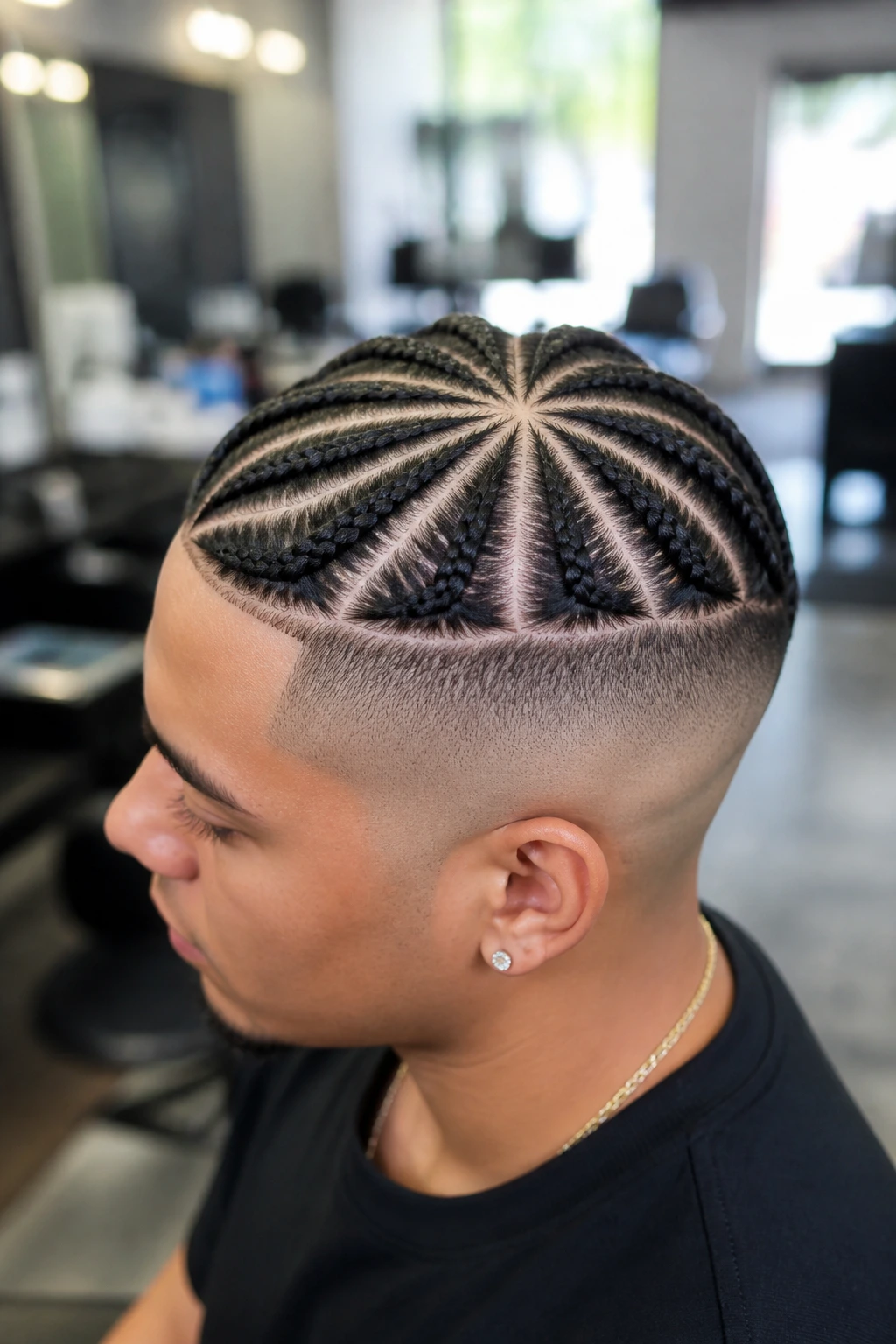 Close-up portrait of starburst braids radiating from the crown on a real person