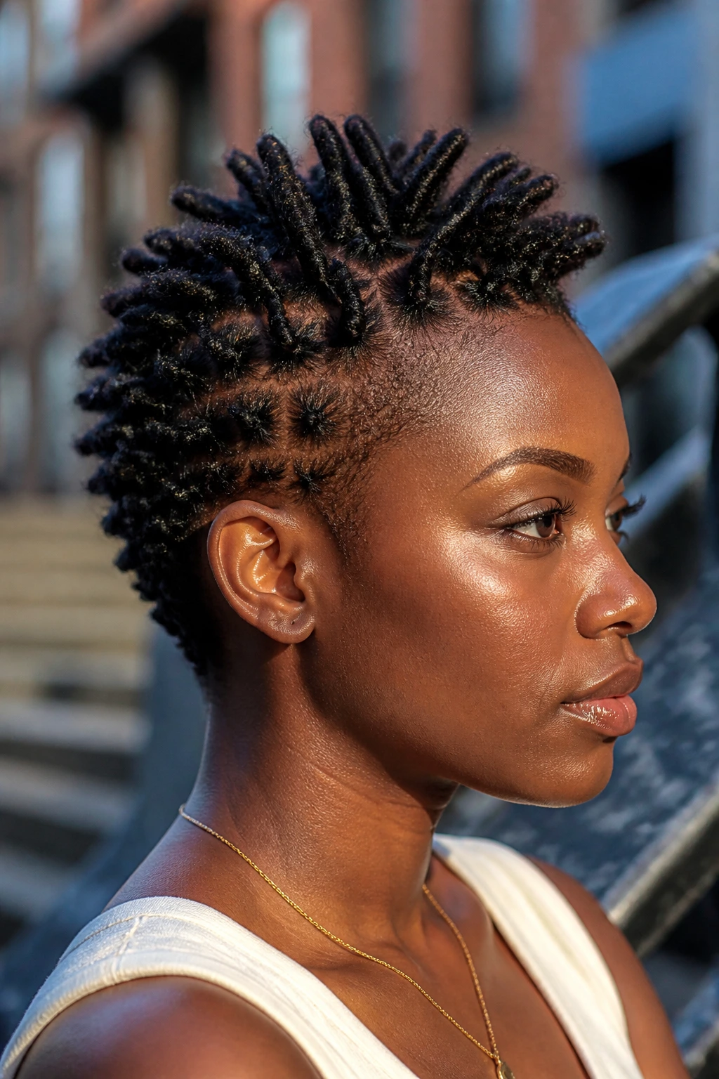 Close-up of a real person with a starter loc mohawk