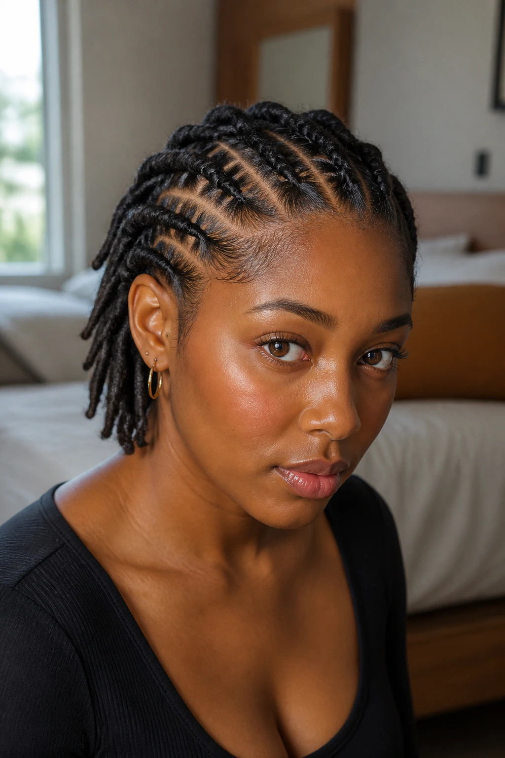 Close-up portrait of a real Black woman with barrel twists on short locs