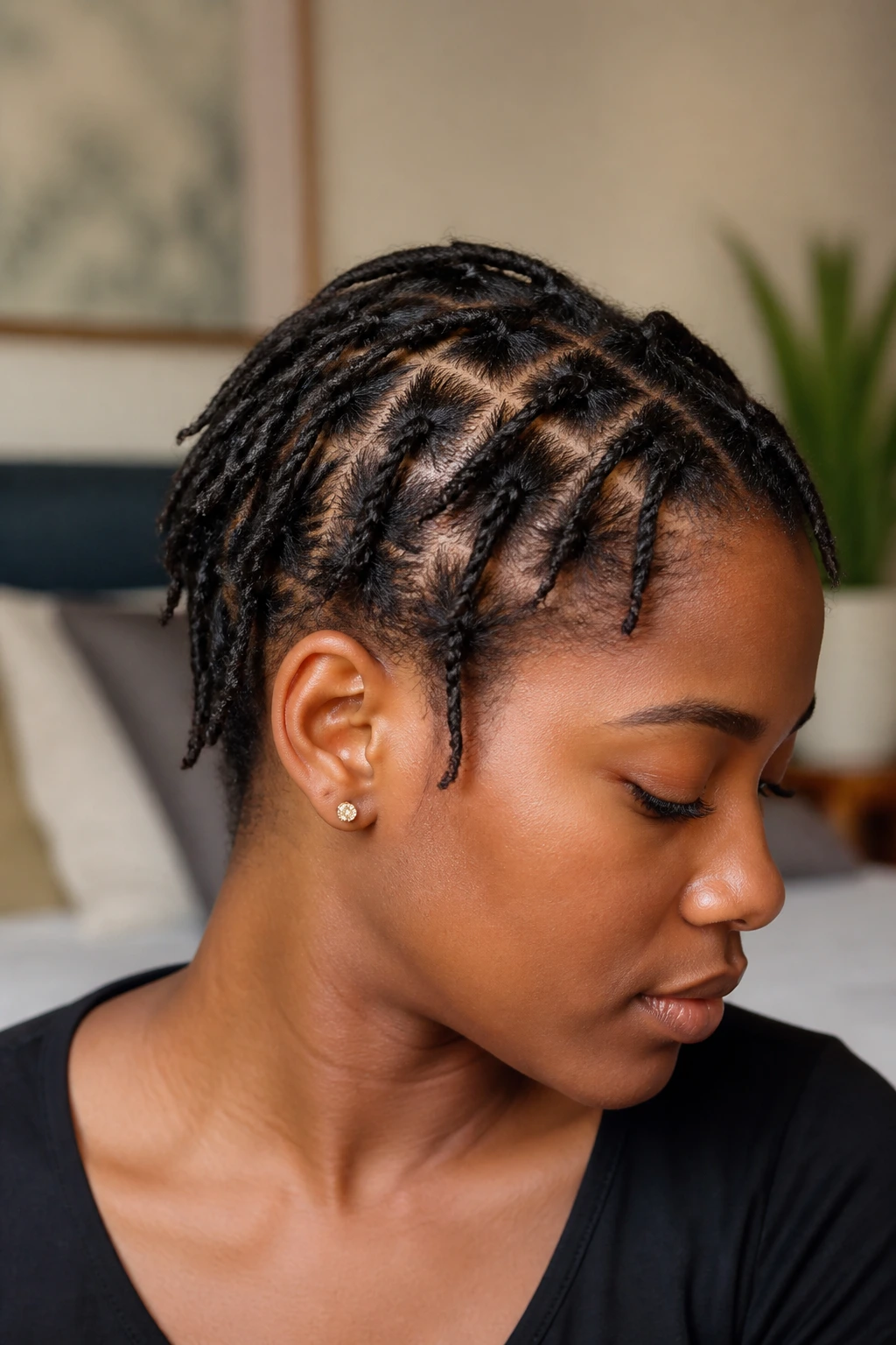 Close-up portrait of a Black woman with short starter locs and clean parts