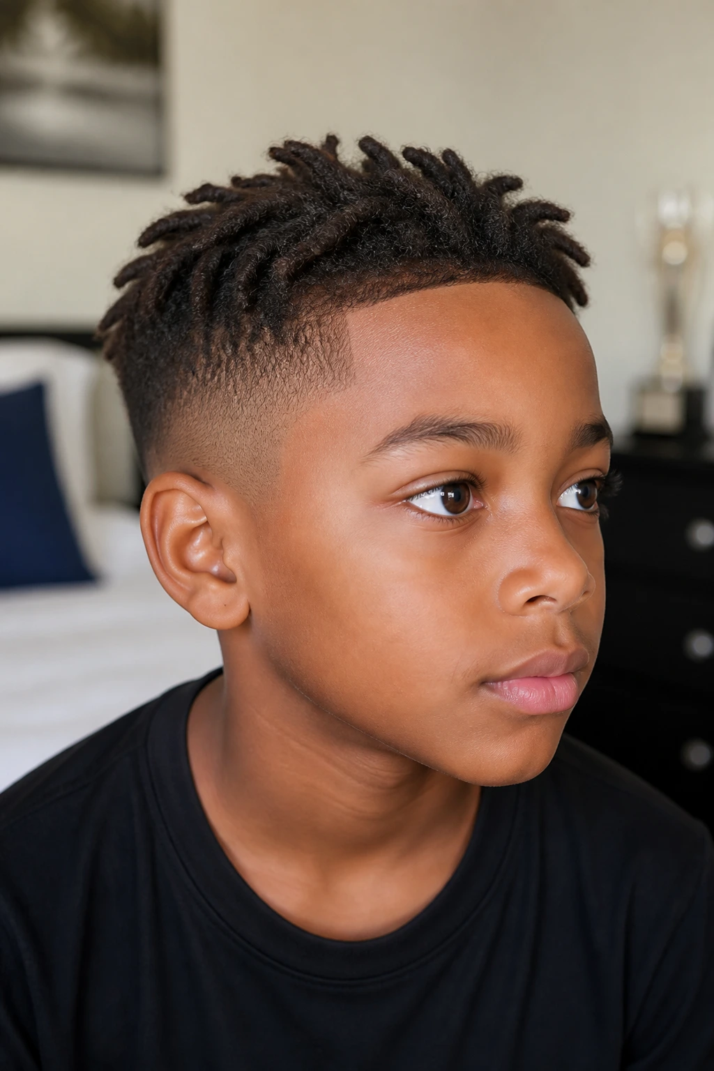 Close-up of child with starter locs and tapered sides in a bright bedroom