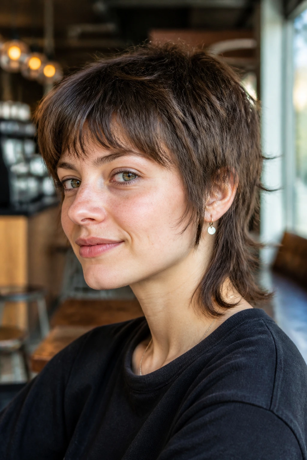 Portrait of a real person with a starter mullet showing subtle length and soft shag layers.